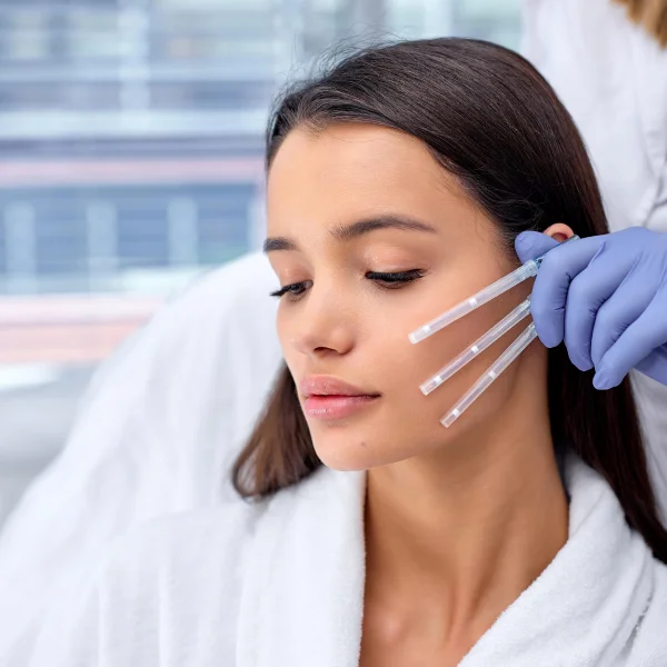 A woman receiving a facial injection, focusing on the procedure and the medical professional administering it.