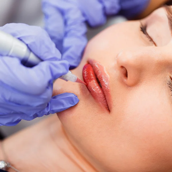 Femme recevant des injections pour des lèvres, dans le cadre d'un maquillage permanent.